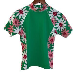 Lands End Rash Guard Sun Shirt Girls Size XL Green Pink /Floral Short Sleeve
